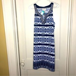 NWT Magnolia Grace Embroidered Trim Stretch Knit dress navy blue abstract XL